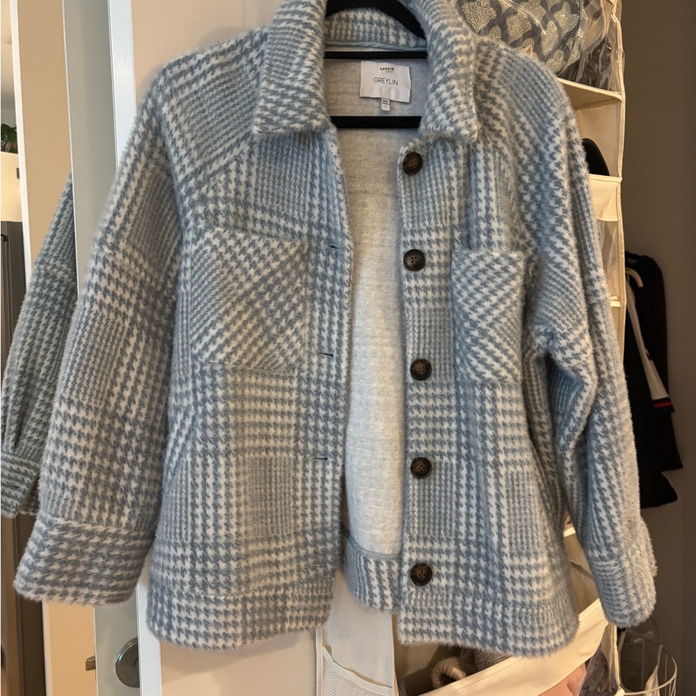 Greylin Light Blue & White Plaid Wool-Blend Shacket Jacket